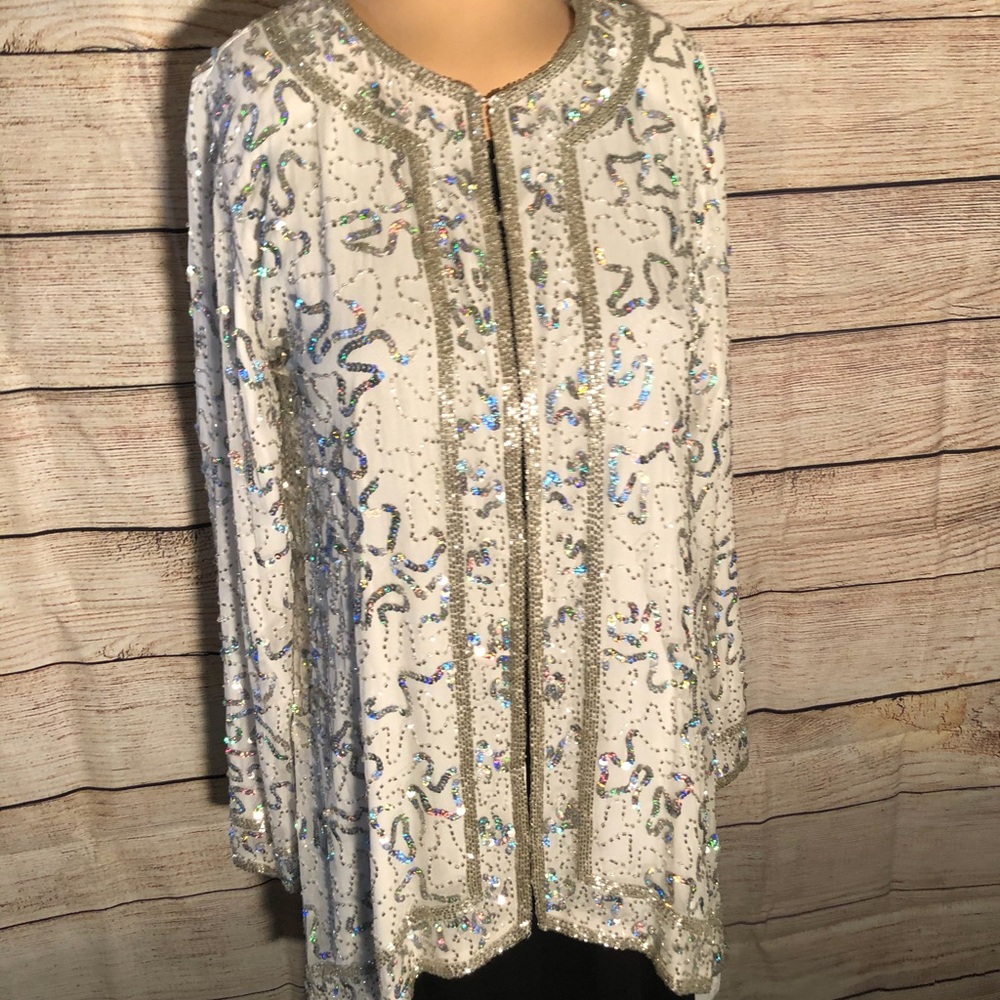 White Silver Hologram Lined Beaded Jacket
